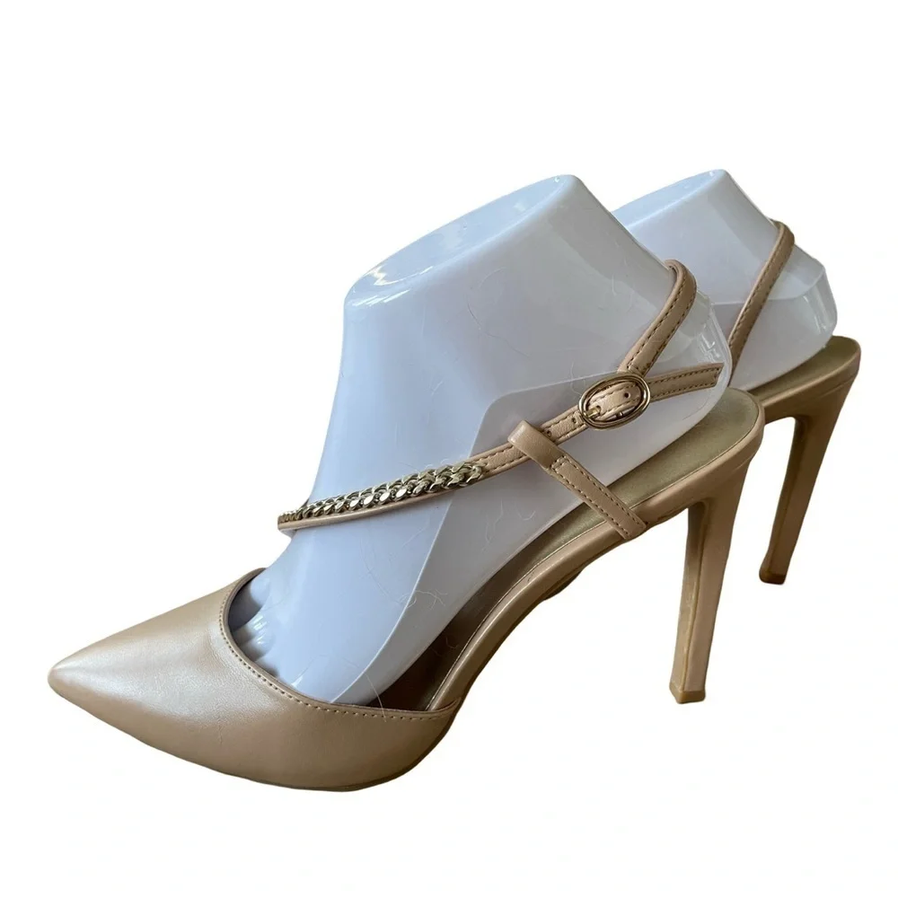 Nine West Nude Slingback Pointed Toe Heels with Chain Detail Size 8.5